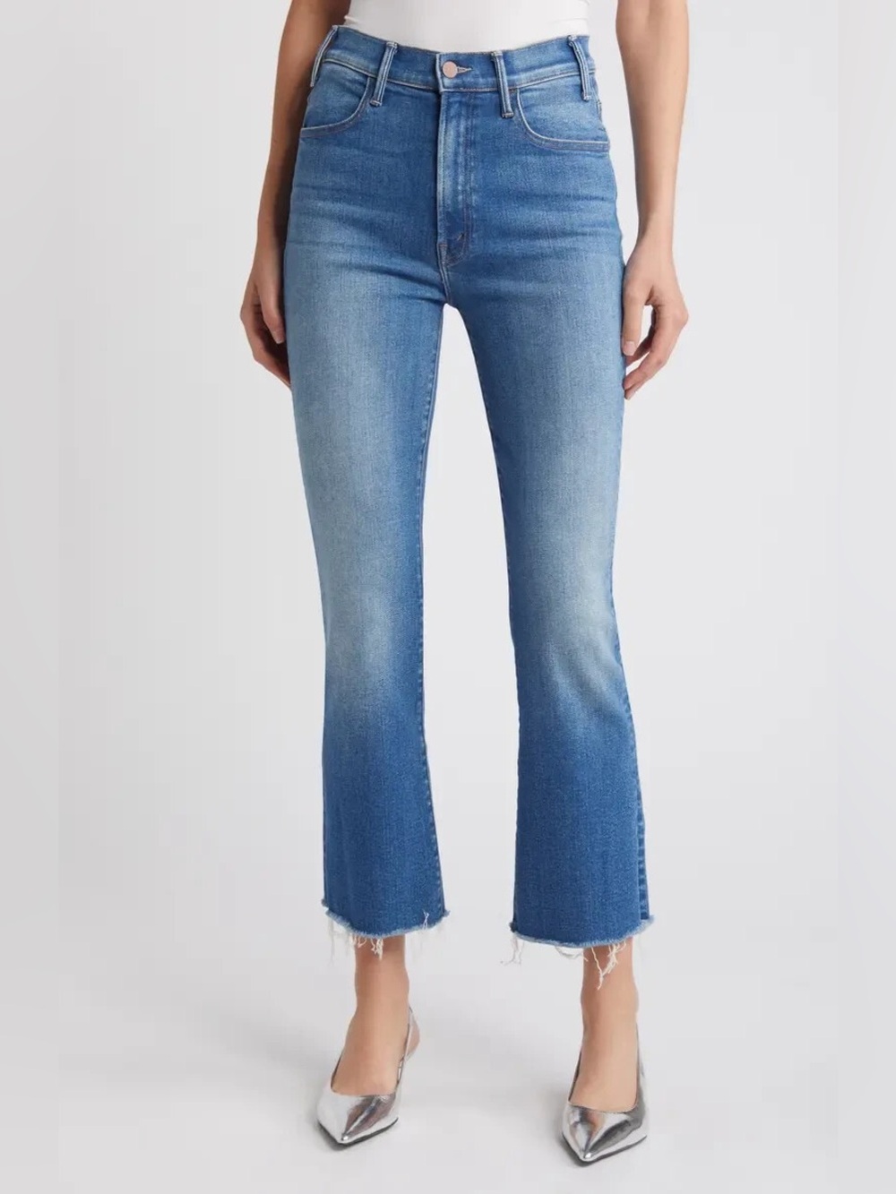 Mother The Hustler Ankle Fray Cropped Flare Jeans in Medium Blue 29